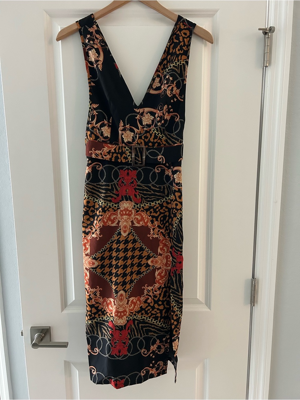 Nasty Gal Black and Brown Patterned V-Neck Midi Dress